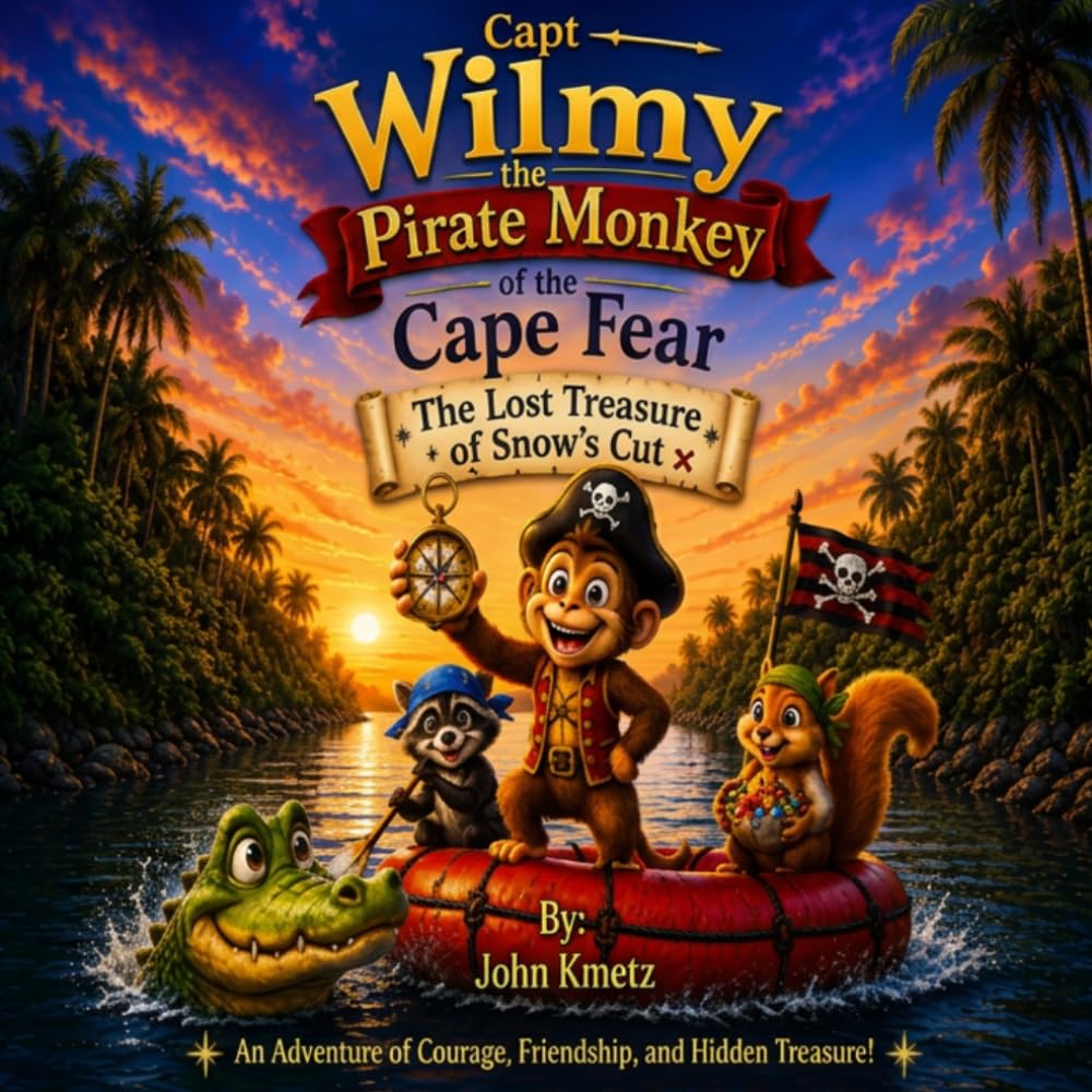 Capt Wilmy the Pirate Monkey of the Cape Fear book cover — Wilmy and his crew on a red raft on the Cape Fear River at sunset